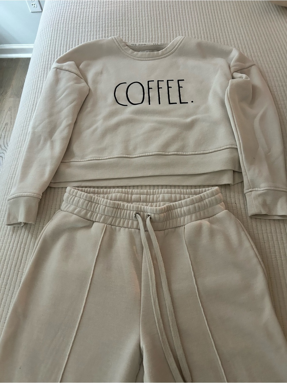 Rae Dunn Cream "COFFEE." Cropped Crewneck Sweatshirt and Pants set